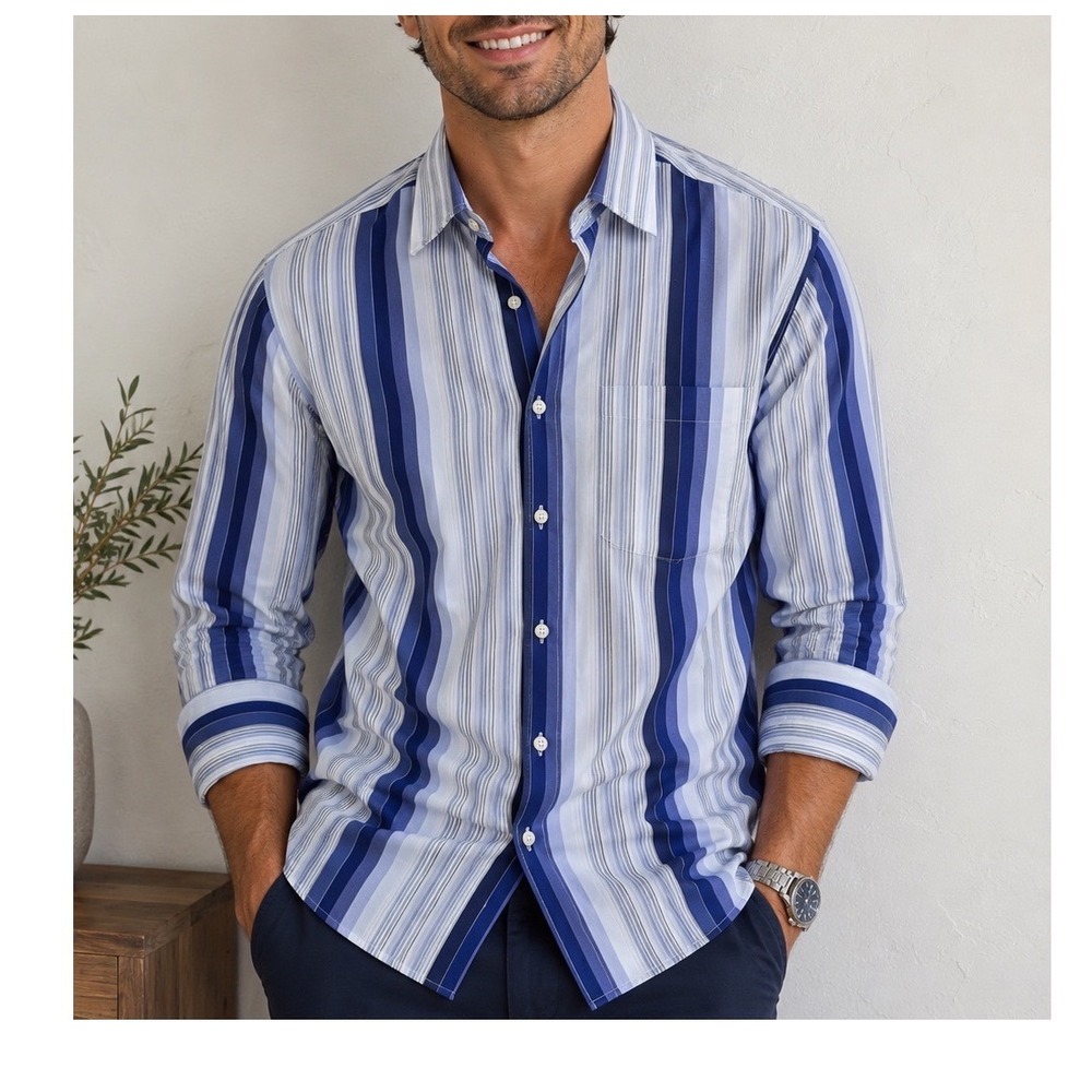 Report Collection Button Down Mens Medium Blue Striped Good Long Sleeve Cotton